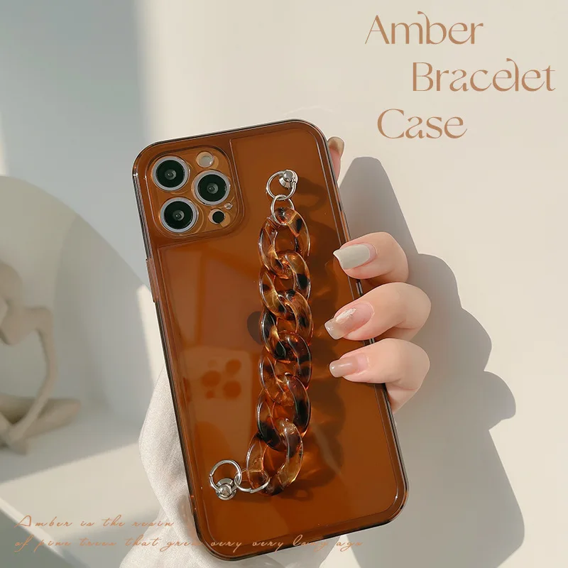 

Simple Style Amber Brown Transparent Phone Case with Chain for iPhone 14 13 12 11 Pro XS Max 8 7 Plus XR Shockproof Phone Cover