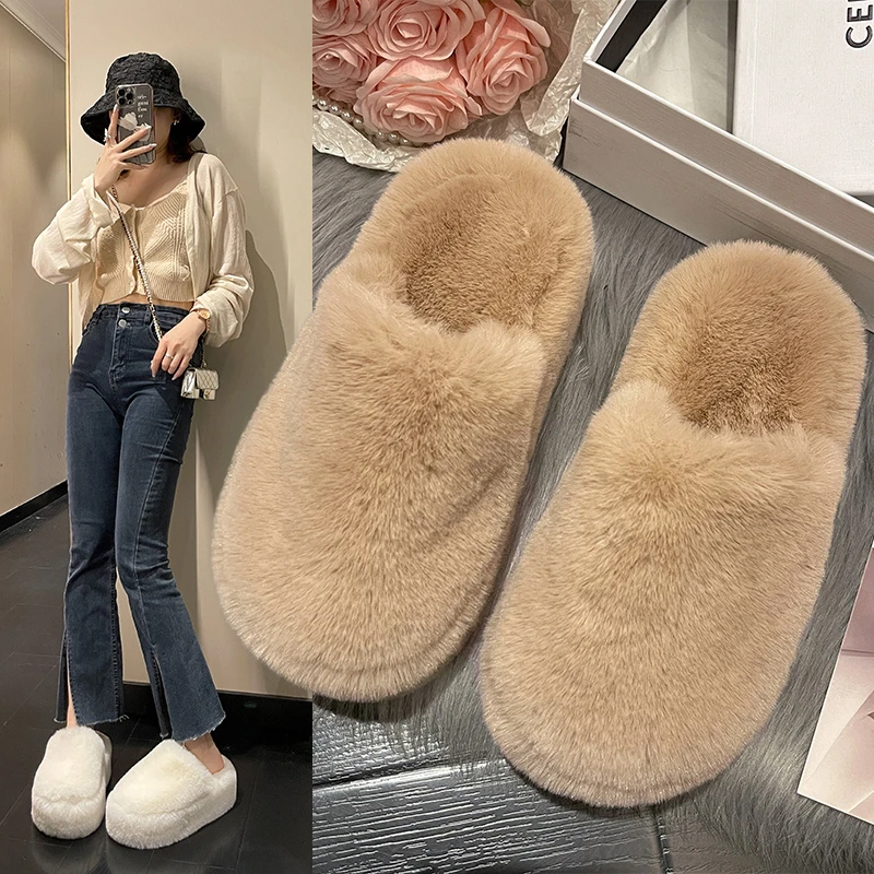 

2022 Fluffy Fur Furry Thick Platform Home Women Slippers Winter Warm Plush Non Slip Flip Flops Outdoor Indoor Shoes Ytmtloy