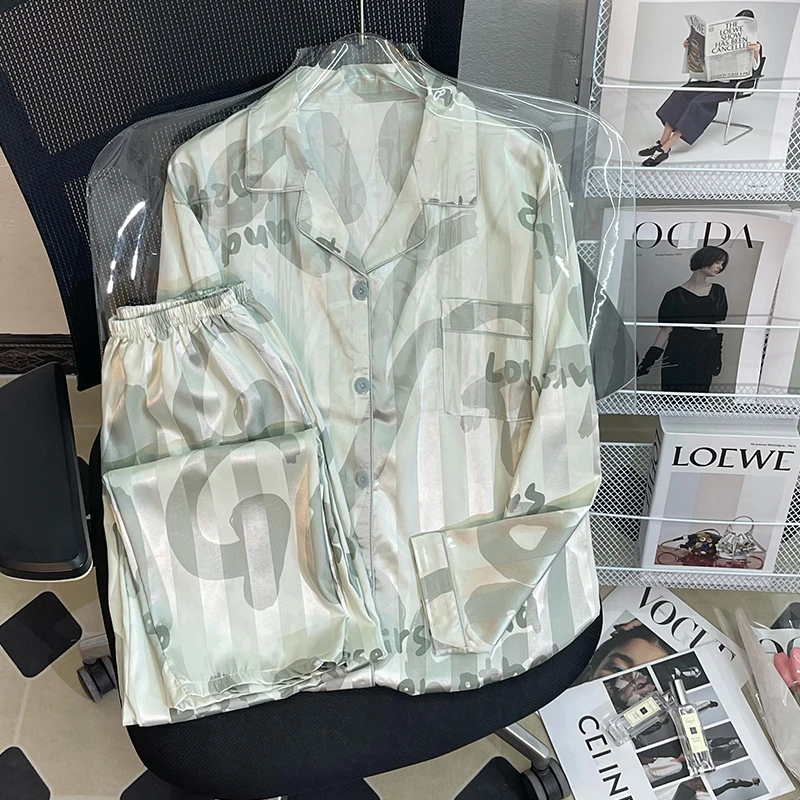 CAIYIER Colorful Animals Nightwear Suit Womens Long Sleeve Trousers Pyjamas Ladies Cardigan Fashion Ice Silk Sleepwear Home Wear