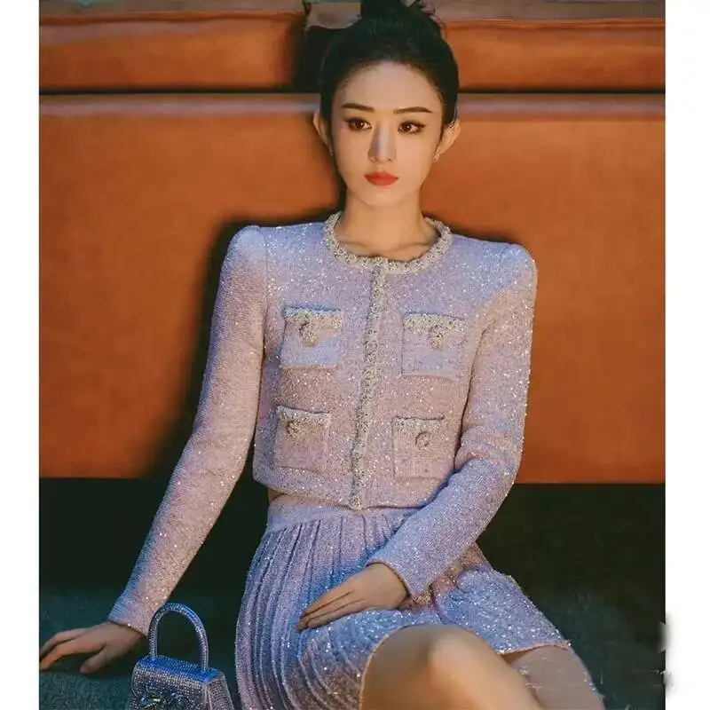 Фото Luxury Quality Autumn Sweater Knitted Two Piece Set For Women Cardigans Short Skirts Suits Beading Diamonds Knitting Top Pleated №3