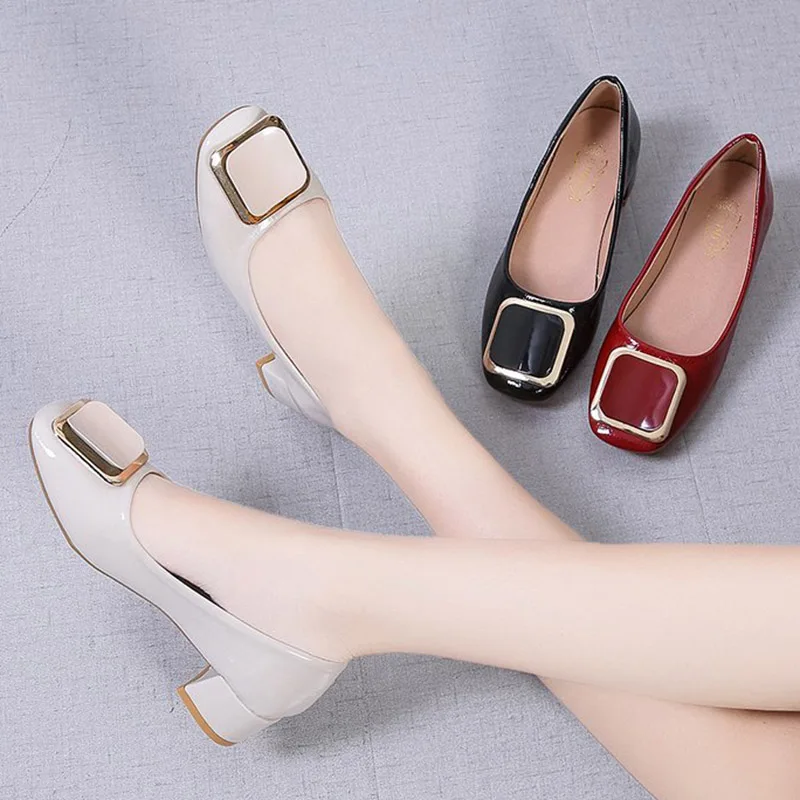 

Plus Size 41 Ol Office Lady Shoes 3cm Women Pumps Square Heeled Boat Shoes Metal Dress Shoes Female Shallow zapatos mujer 8246N