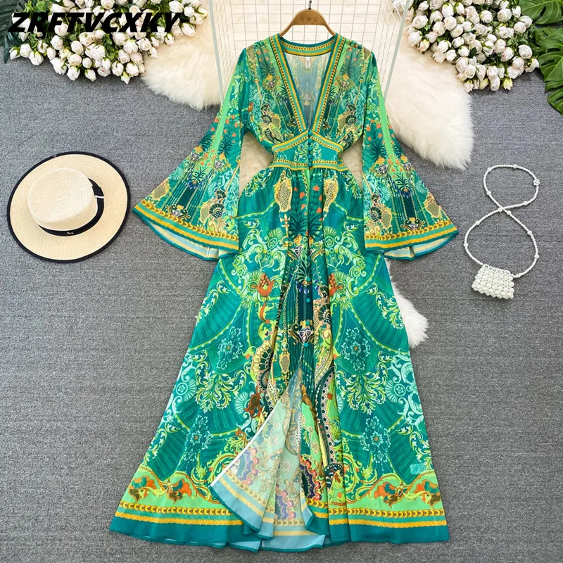 

Женское шифоновое платье макси, модельное зеленое платье в стиле бохо с длинным расширяющимся книзу рукавом, цветочным принтом и глубоким V-образным вырезом, весна 2023