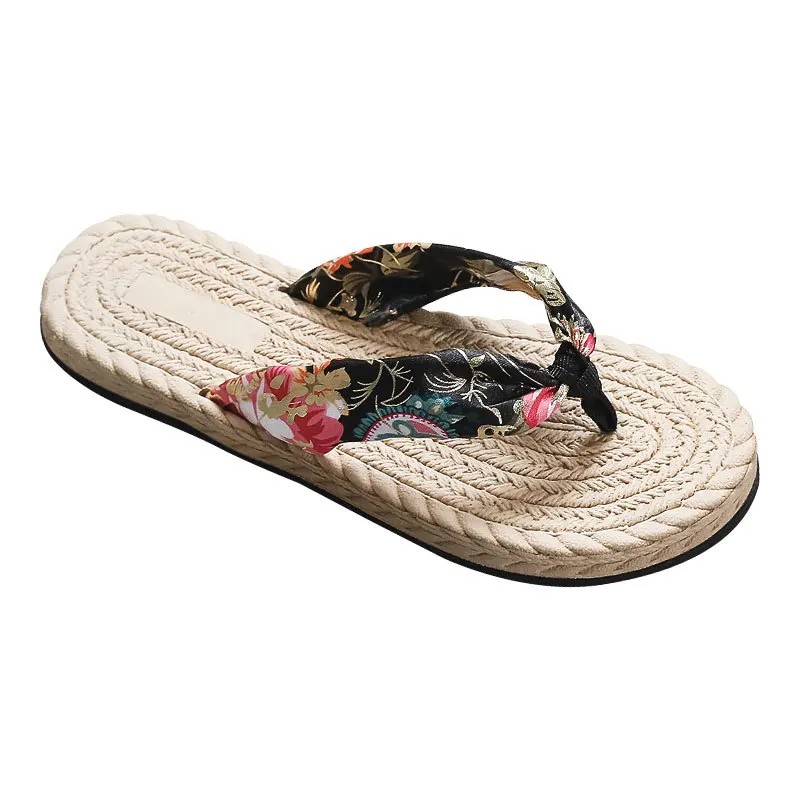 

New Women Summer Imitation Straw Woven Travel Slippers Espadrille Flip-flops Fashion Bohemian Satin Cloth Sandals Slippers