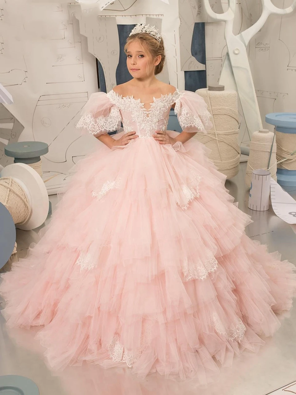 

Pink Fluffy Layered Bubble Sleeve Applique Flower Girl Dress Wedding Little Flower Children's Holy Communion Prom Dress