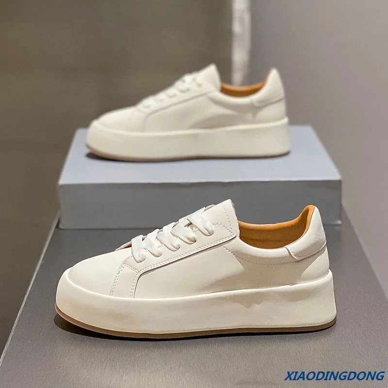 

Spring New Fashion Leather Thick-soled Casual Flat White Women's Shoes Comfortable Breathable Height-enhancing Sneakers