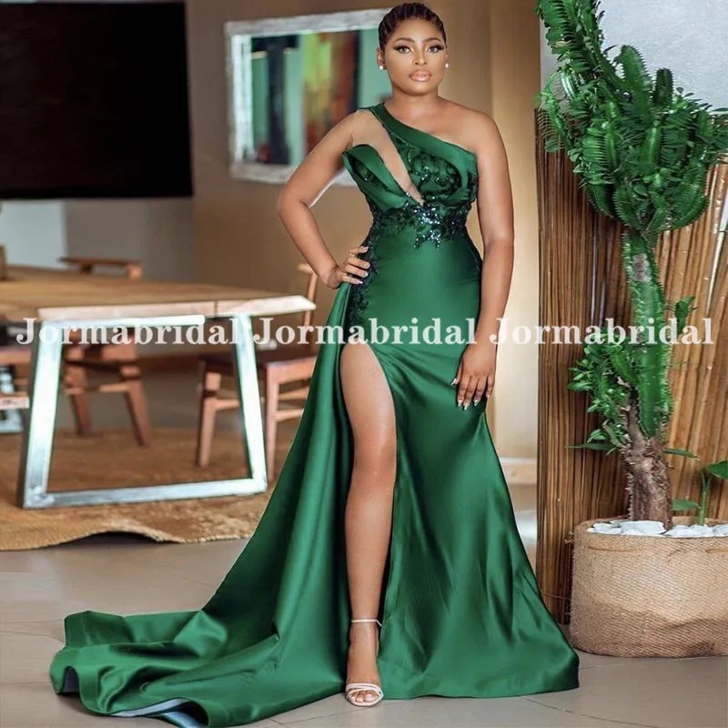 

Зеленые Вечерние платья с юбкой-годе Emerland, атласное длинное платье на одно плечо с блестками и разрезом, юбка-годе, вечернее платье с высоким...