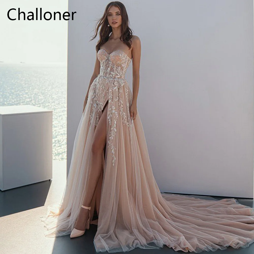 

Challoner Beach Sweetheart Wedding Dresses New Appliques Lace Side Split Sleeveless Backless A-Line Bridal Gowns Robe De Mariee