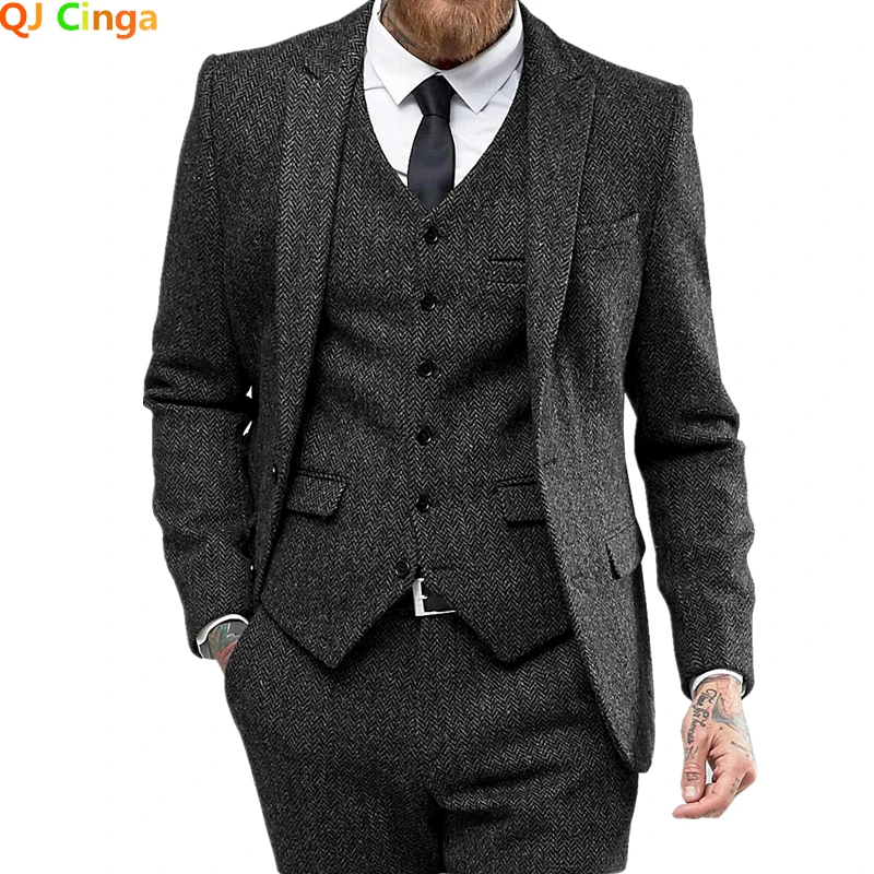 Мужские костюмы в стиле ретро QJ CINGA зеленые шерстяные Твидовые елочку