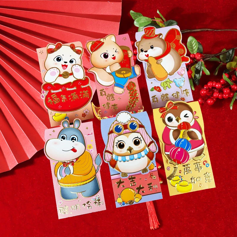

6 шт., креативный красный конверт с изображением китайского Нового года