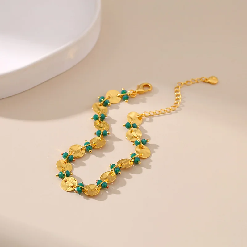 Женский винтажный браслет из нержавеющей стали с зелеными кристаллами