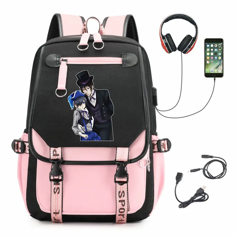 

Anime Black Butler Nylon Backpack Casual USB Laptop Bag Zip Bookbag Schoolbag Cartoon Student Teenager High Capacity Knapsack