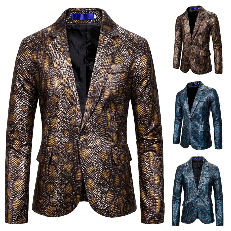 Autumn winter new men's one-button suit gold python pattern print fashion young men's dress costumes jacket golden blue S-2XL  - buy with discount