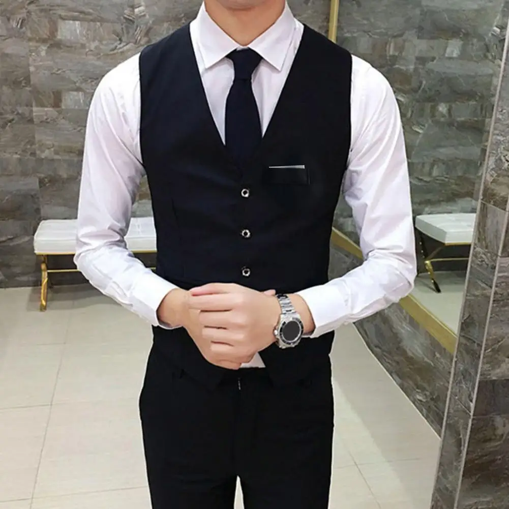 

Great Vest Solid Color Sleeveless Great Stitching Fit Male Waistcoat