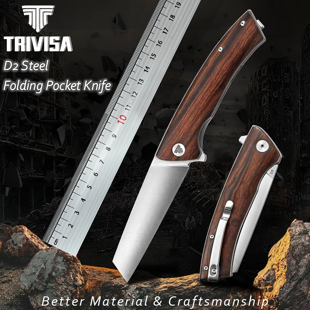 TRIVISA Folding Pocket Knife,D2 Steel and Ironwood Handle,Japanese Handmade EDC Quick Opening Outdoor Camping Knives