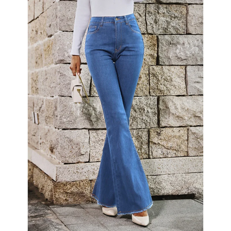 

Benuynffy Button Fly Women's Raw Hem Flare Jeans Autumn Fashion Woman Denim Pants Jean Femme High Waist Full Length Slim Jeans