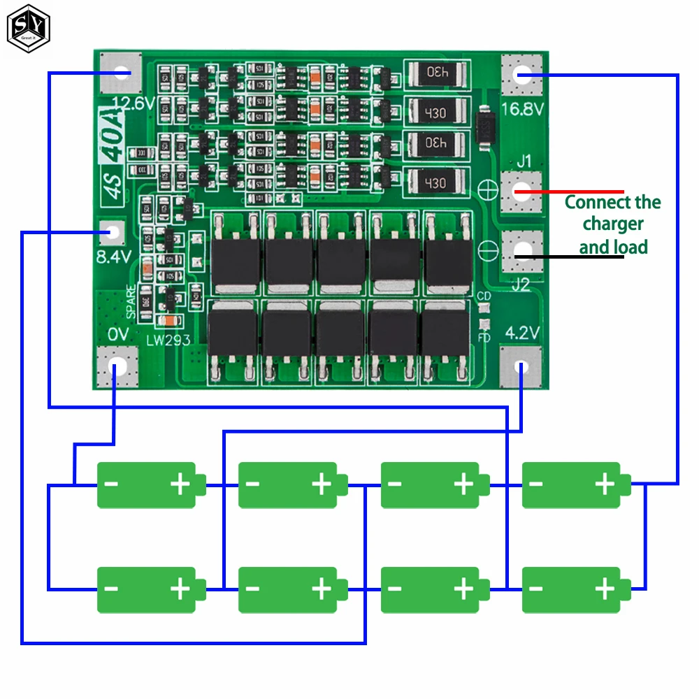 Плата защиты литий-ионных аккумуляторов 3S 4S 40A 60A, BMS для 18650, 14.8В16.8В, с балансировкой, SMD, настраиваемый модуль (art.: 3920daccbb806) - 3920daccbb806