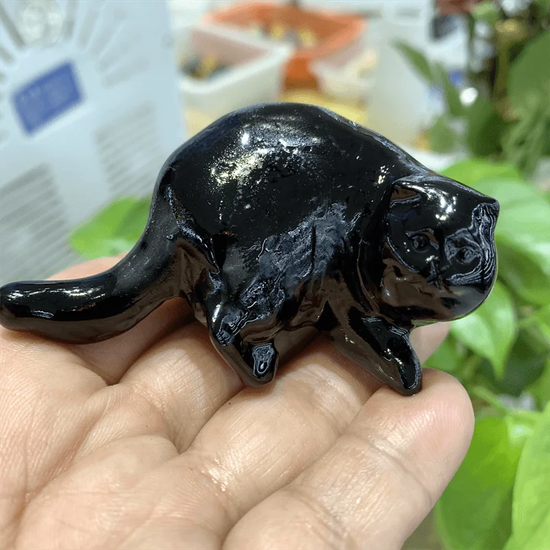 Natural Black Obsidian Cartoon Cat Carving Quartz Healing Crystal Stone Cute Birthday Present Home Decoration 1PCS