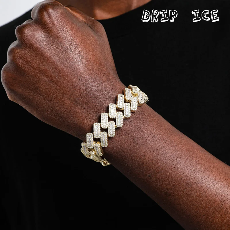 

Hiphop Bracelet 19mm Baguette Prong Cuban Link Hand Chain Iced Out CZ Male Rocker Fashion Jewelry Gift For Party