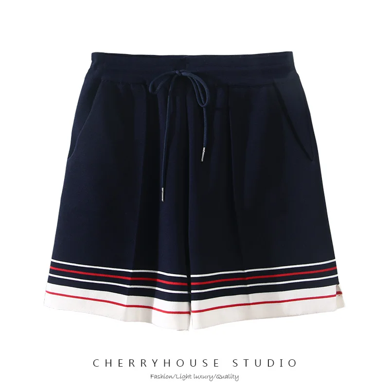 Tide brand TB fashion ice silk shorts summer pocket striped color matching loose casual pants knitted pants hot pants