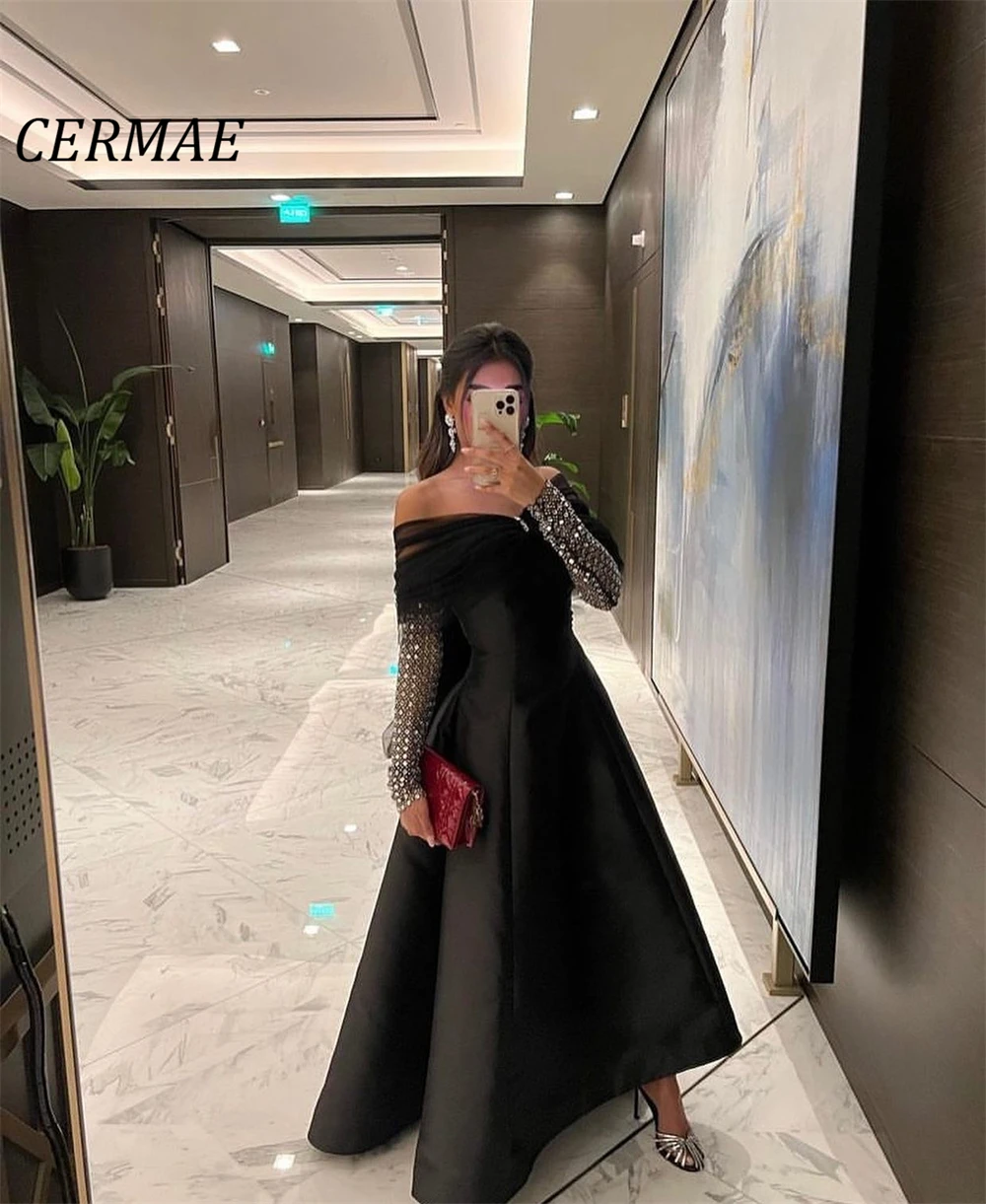 

CERMAE Boat Neck Sequins Backless Long Chiffon Evening Gown Prom Black A-Line Party Formal Dresses for Women 2023