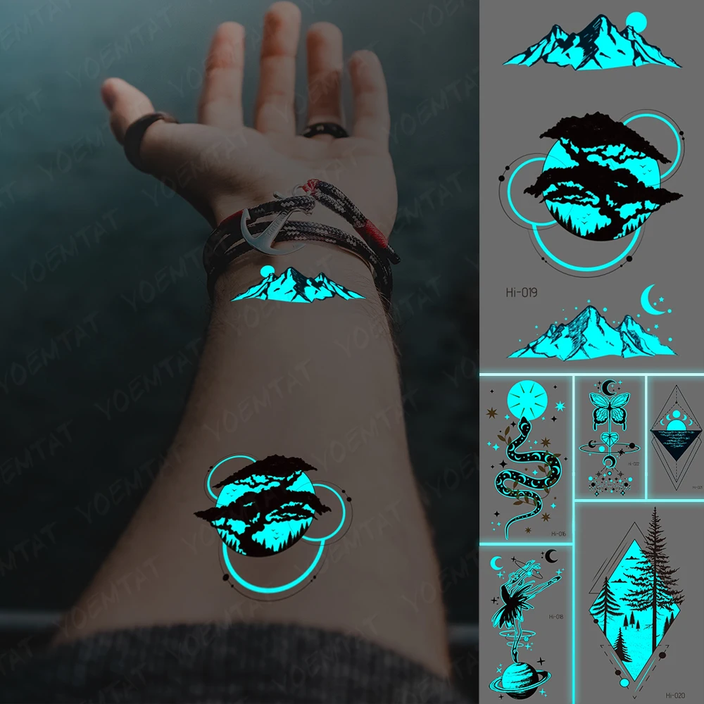 

Bule Luminous Glow Waterproof Temporary Tattoo Sticker Glitter Mountain Moon Tree Forest Sun Linear Flash Tattoos Kid Neck Hand
