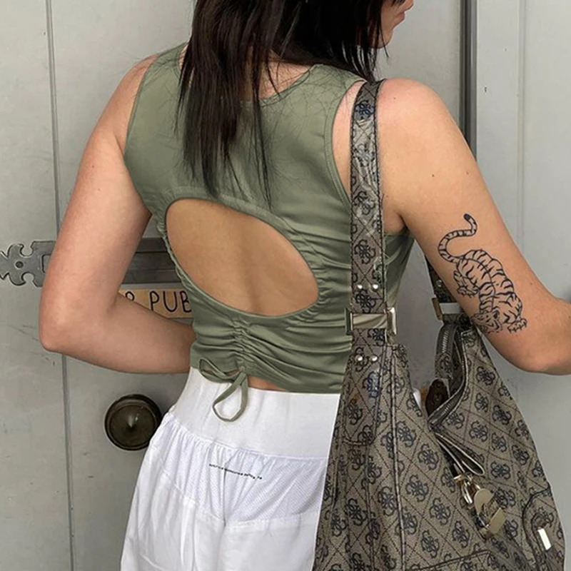 

WeiYao Retro Green Slim Basic Y2K Tank Top Female Back Cut Out Drawstring Design Sexy Vest Off Shoulder Casual Cropped Tees