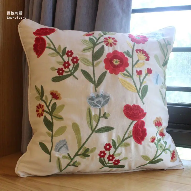 

Embroidered European Pastoral Floral Cushion cover cotton chair sofa cushion modern home decor Rectangle pillow drop shipping