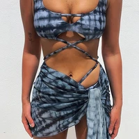 summer ladies swimsuit cross lace up female swimwear skirt wrap beach dress push up tie dye 3 piece bkini set sexy bathing suit