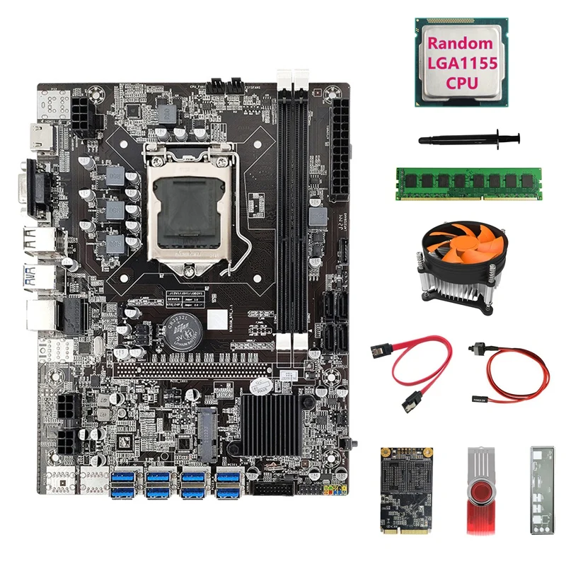 

B75 ETH Mining Motherboard 8XUSB+CPU+DDR4 4G RAM+128G SSD+64G USB Driver+Fan+SATA Cable+Switch Cable+Thermal Grease
