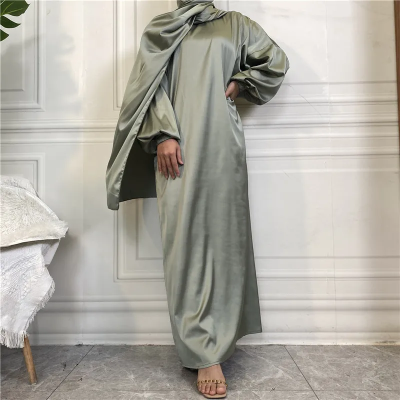 Solid Color Satin Dress for Muslim Women Ramadan Abaya Dubai with Hijab Side Pockets Modest Dress Islam  جلابيه نسائية