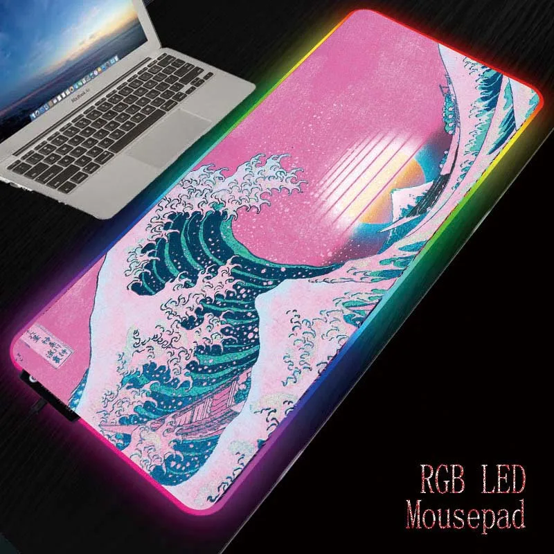 MRGBEST Great Wave Landscape RGB Gaming Computer Mousepad Large Big Gamer Desk Mouse Pad Led Mause Pad Backlit Keyboard Mice Mat