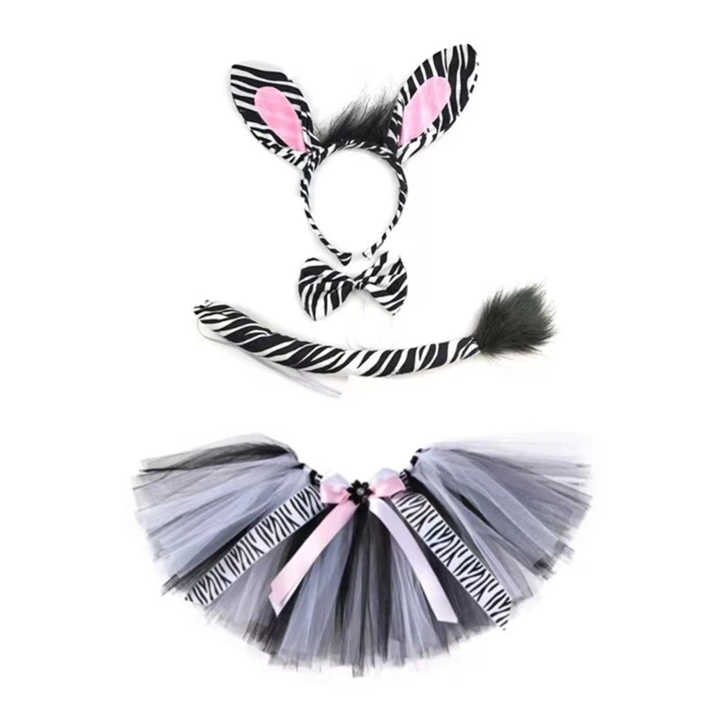 

L5YA 4Pcs Zebra Costume Set Zebra Ears Headband Tail Tutu Skirt Bowtie for Kids Girls