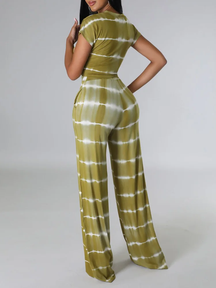 Fashion Stripe Print High Waist Two Piece Sets Women 2023 Summer Elegant Short Sleeve Lace-up Wide Leg Pants 2 Piece Suit images - 6