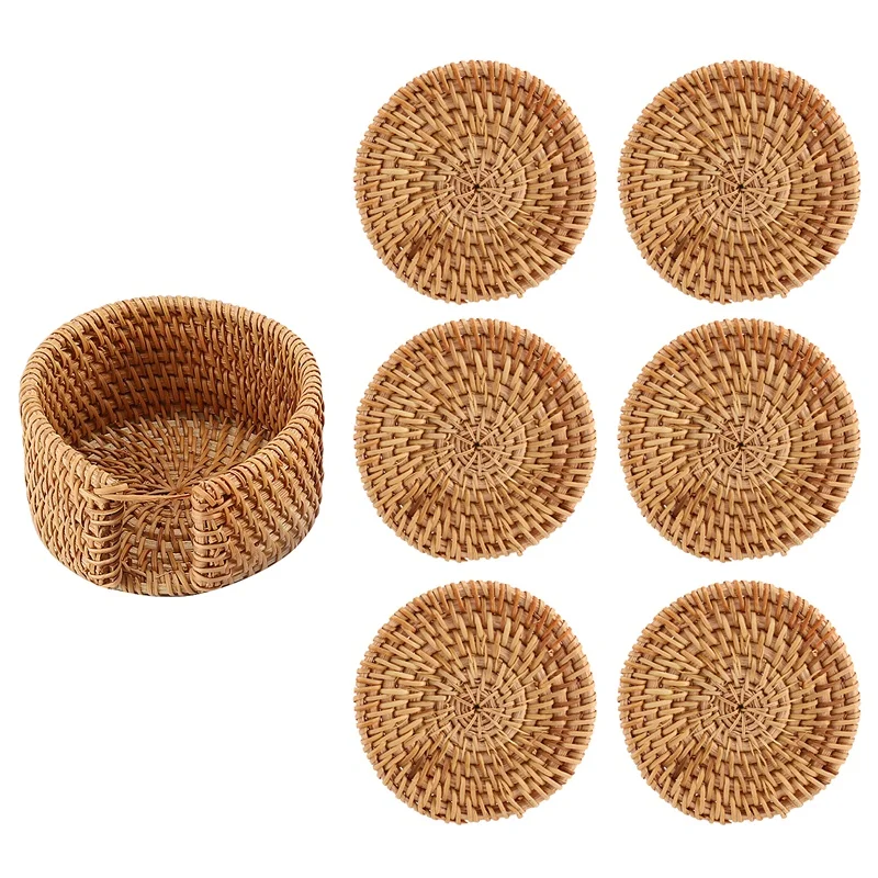 

6Pcs/Lot Creative Drink Coasters Set For Tea Accessories Round Tableware Placemat Dish Mat Rattan Weave Cup Mat Pad 8Cm
