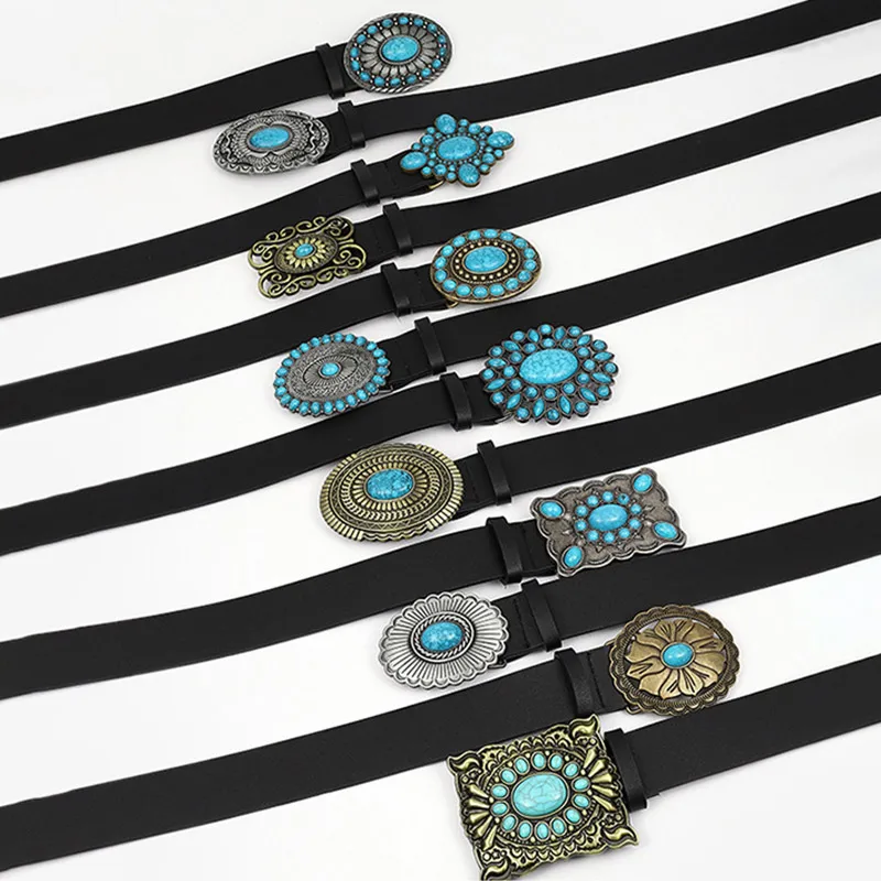 Fashion Women's PU Leather Belt Mosaic Gem Turquoise Belts Metal Buckle Arabesque Pattern Retro Lady Jeans Waistband Decor Gifts