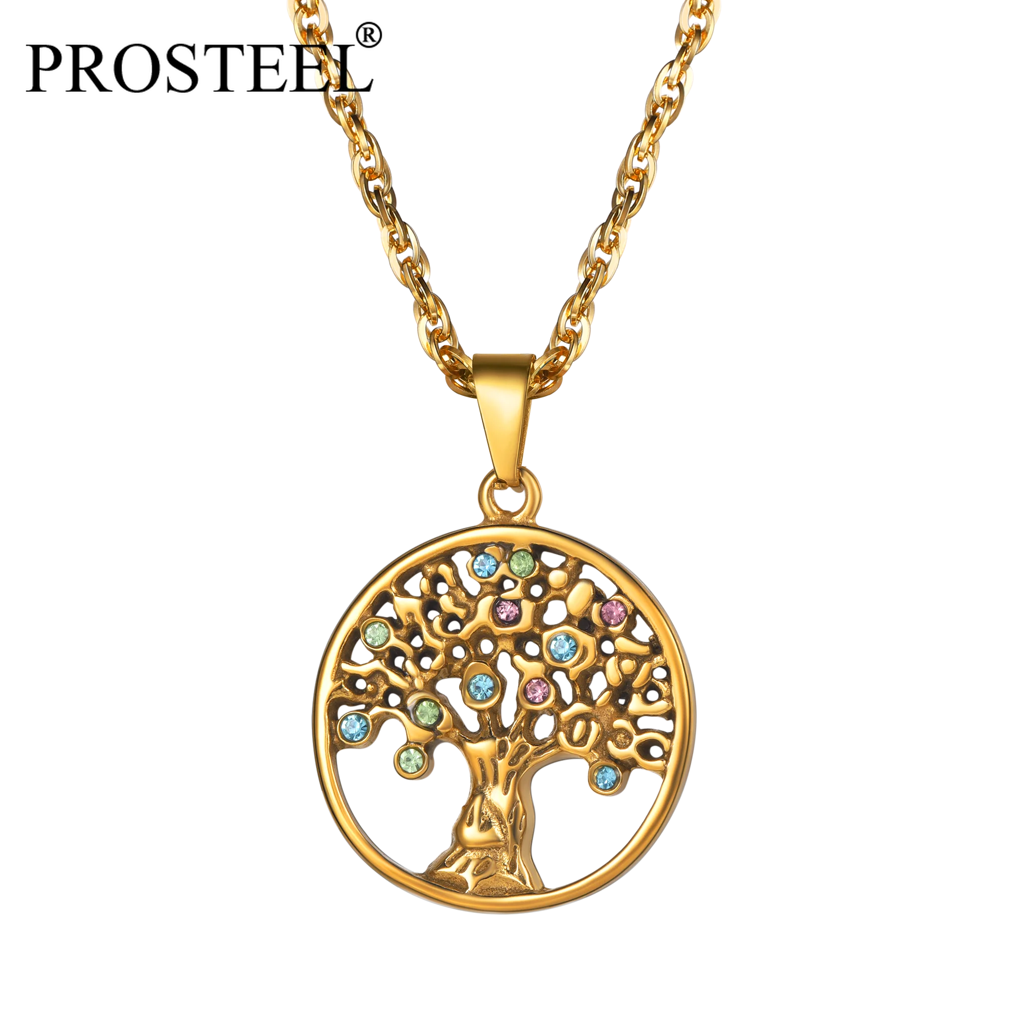 

PROSTEEL Vintage Family Tree Round Tree of Life Pendant Link Chain Necklace 18K Gold/Stainless Steel Colors Women Jewelry Gift