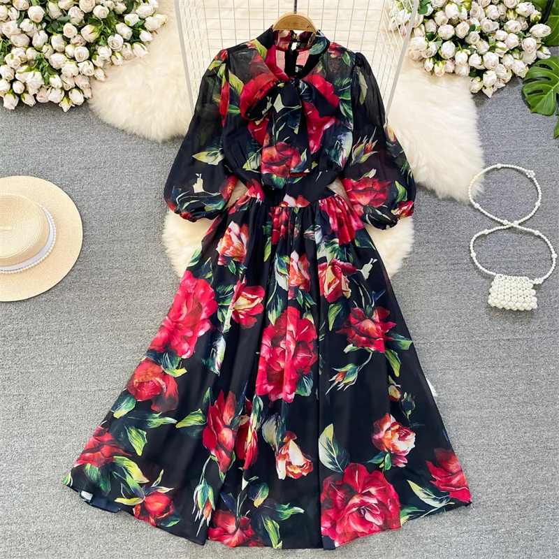 

Spring Vintage Flower Printing Mid-Length Ladies A-line Dress Stand Collar Bow Lace-up High Waist Lantern Sleeve Elegant Vestido