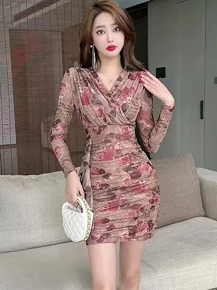 Женское розовое Сетчатое платье с длинным рукавом и V-образным вырезом