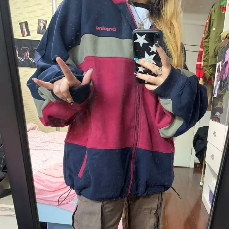 

Autumn Vintage Patchwork Hooded Loose Contrast Color Casual Coats American High Street Sudadera Jackets Y2k Women Sweatshirts