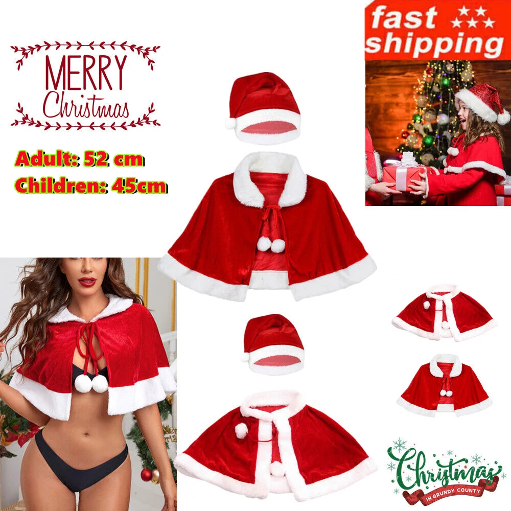 Красная бархатная накидка для взрослых и детей Рождественская шаль шапка