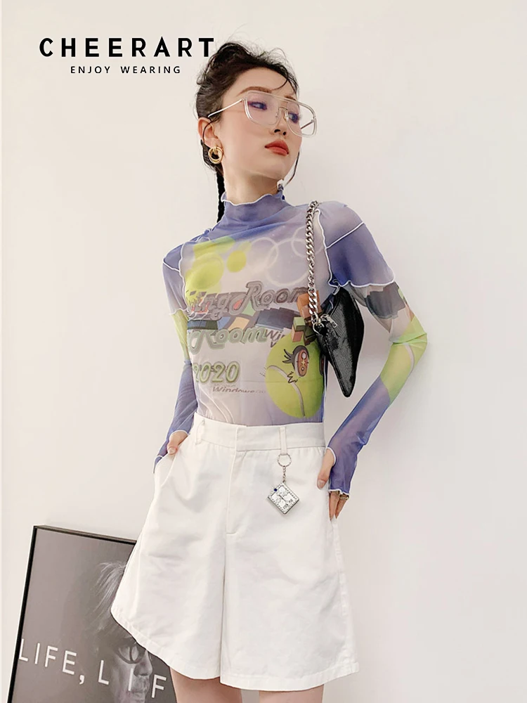 

CHEERART Y2k Mesh Top Graphic T Shirt Long Sleeve Tee Purple Turtleneck Women See Through Gradient Print Sheer Aesthetic Clothes