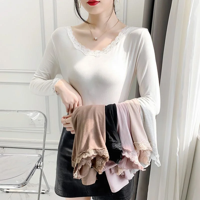 Modal Thermal Underwear For women Blouse New Winter Female Warm Bottomed Clothes Lace V-Neck Pullover Full Sleeve Slim T-Shirt