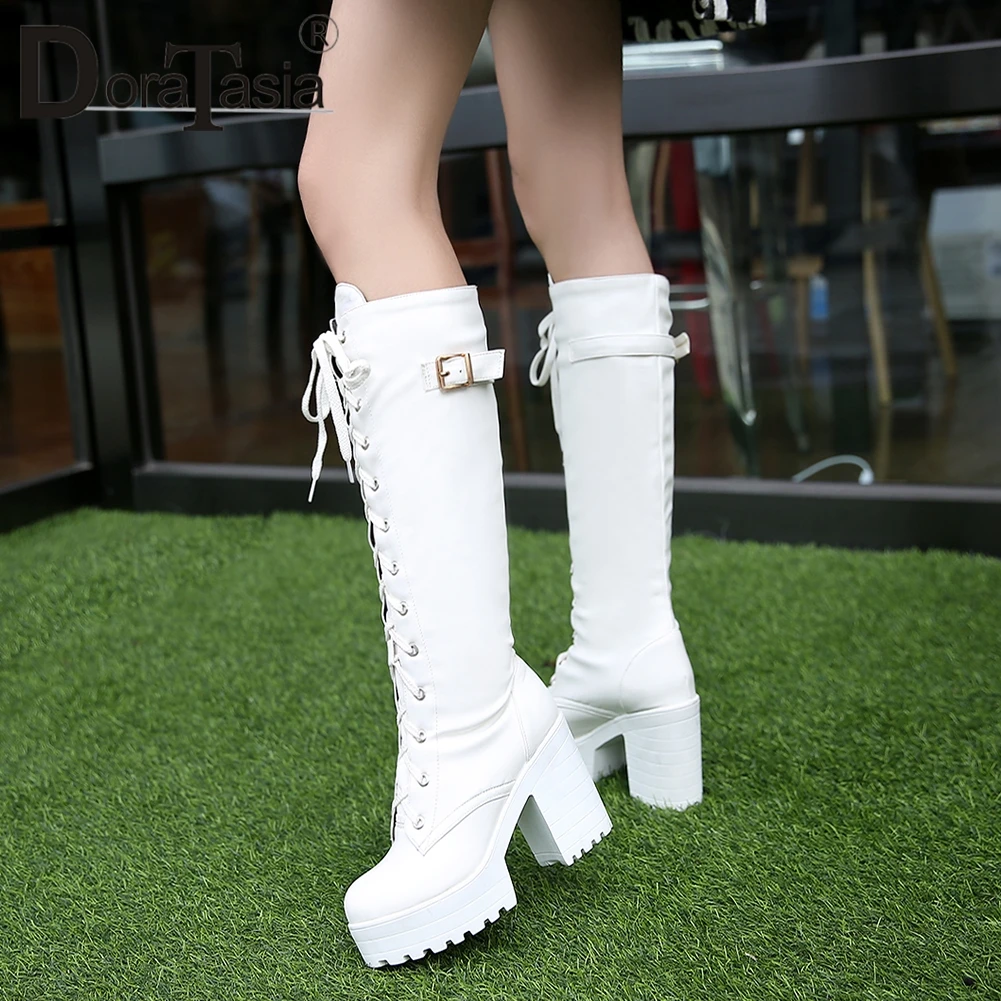 

New Big Size 34-43 Ladies shoelace Belt Buckle Platform mid-calf Boots Women 2022 High Chunky Heels Date Shoes Woman