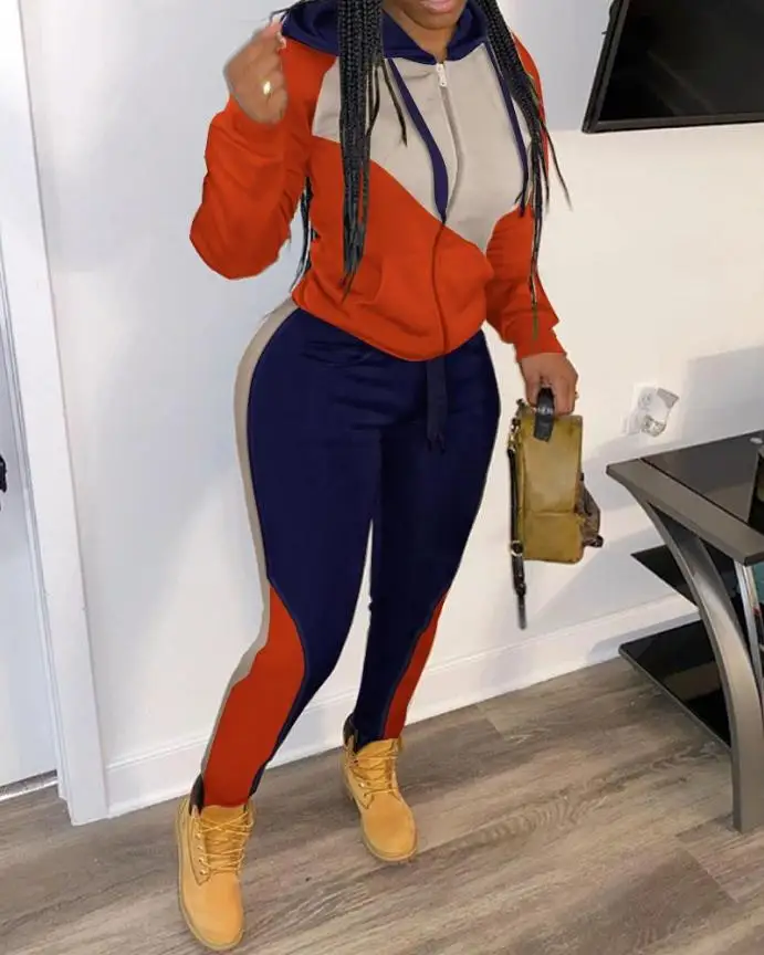 

Two Piece Sets Women Outifits 2022 Autumn Fashion Colorblock Long Sleeve Hooded Zip Up Top & Casual Pocket Long Sporty Pants Set
