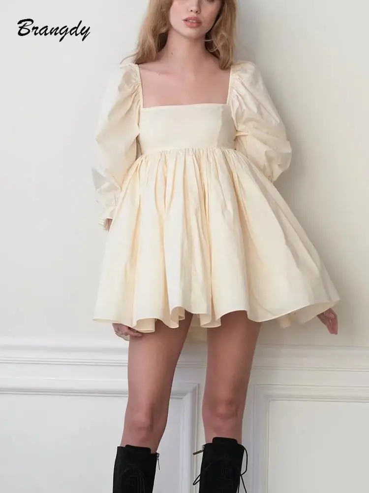

Puff Sleeve Square Collar Dress Cotton Ball Gown Dress Chic Mini Dress Short Beige Dresses Pleated Ladies Princess Party Dress