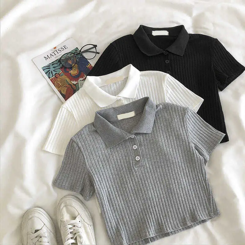 

Children's POLO Collar Pit Striped T-Shirt Girls Summer High Waist Navel Short Slim Fit Half Sleeve Hong Kong Flavor Top Short S