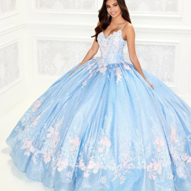 

Luxury Sky Blue Shiny Quinceanera Dress Spaghetti Strap Lace Appliques Sequined Floor-Length Ball Gown De 15 Años Prom Party Ves