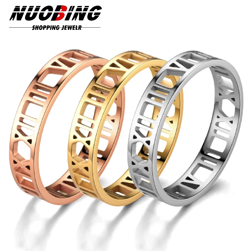 

Punk Retro Gold And Silver Hollowed Out Roman Numerals Men's And Women's Couples Wedding Ring 6MM Stainless Steel Charm Jewelry