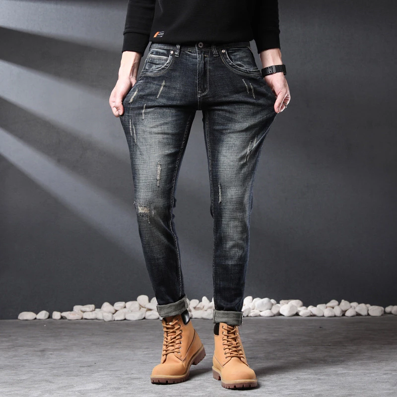 EH·MD® Red Ear High Stretch Jeans Men's Four Seasons Worn And Scratched Cat Beard Pure Cotton Gradient Black Pencil Pants Label2