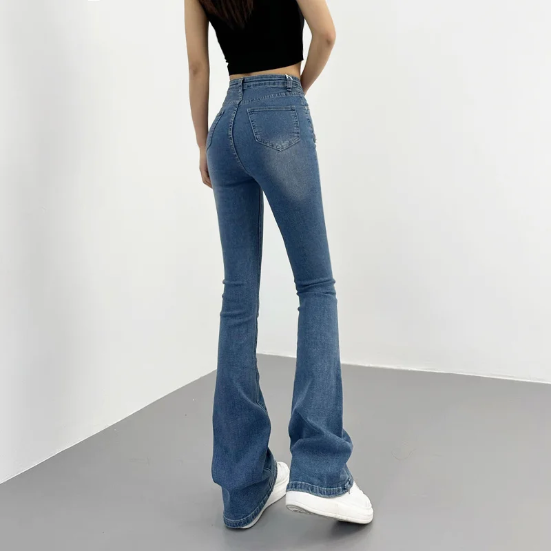 

pocket TVVOVVIN raw Front edge white micro horn jeans 2023 Spring/Summer women's high waisted elastic slim fitting jeans WFUU